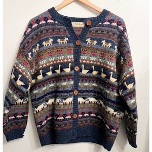 Vintage L.L. LL Bean Cardigan Sweater Wool Animals Womens Large Ducks Sheep Farm
